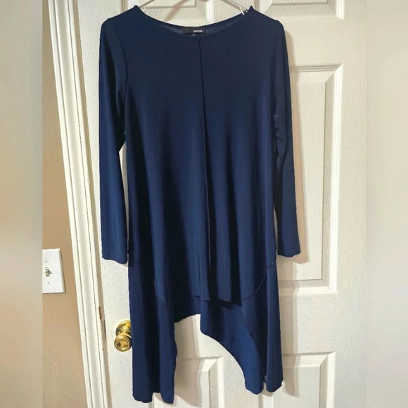Sun Kim Comfy USA Stretchy Trapeze Tunic w/Handkerchief Hem, Navy Blue, EUC! - Picture 1 of 8